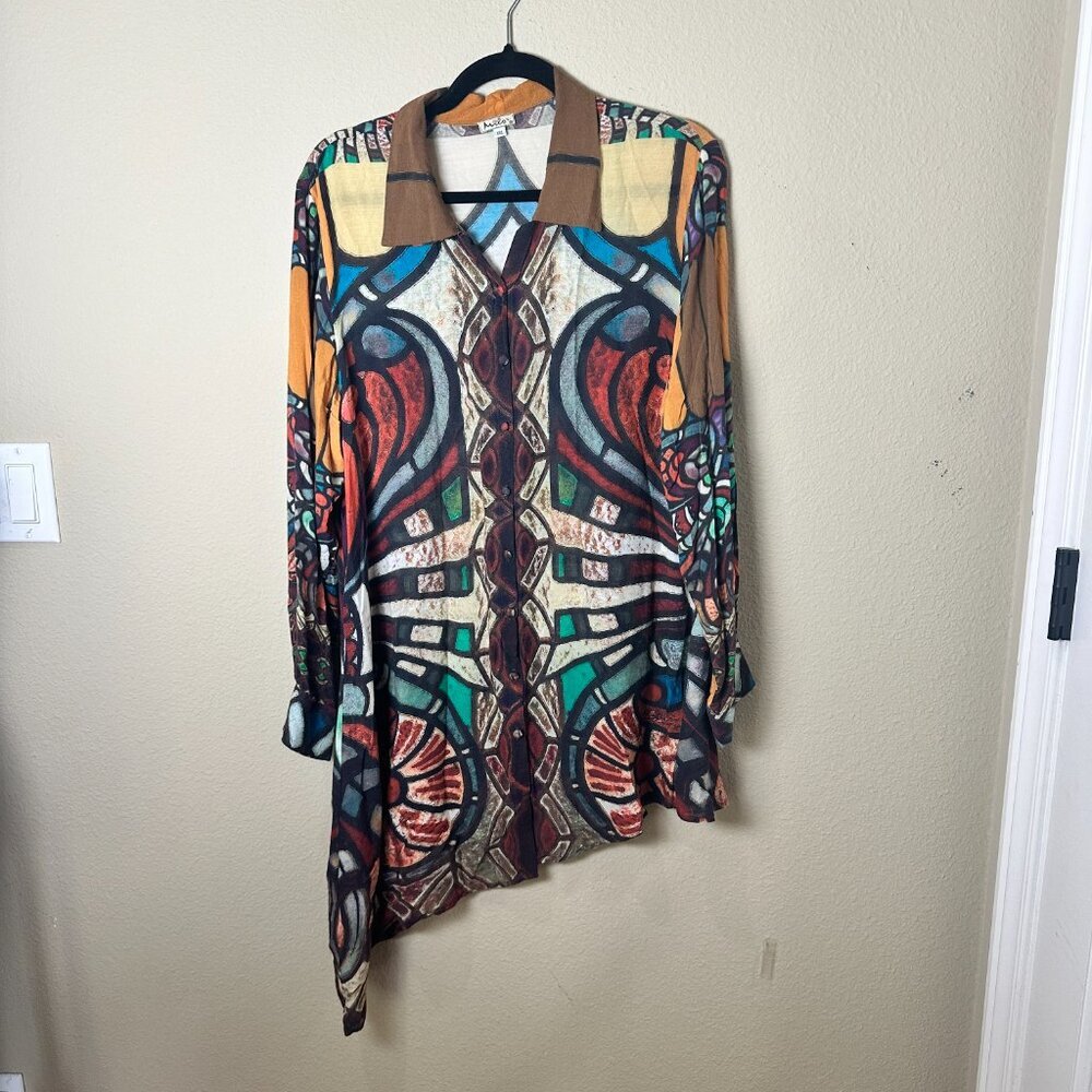 Milo's Boho Patterned Asymmetrical Blouse Top Tun… - image 2